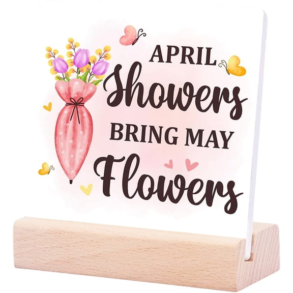 Ceramic Sign 4x4Inch Spring Ceramic Desk Sign April Showers Bring May Flowers Umbrella Ceramic Plaque Table Decor For Farmhouse Home Garden Shelf Desk Table Decoration Spring Gift Ideas