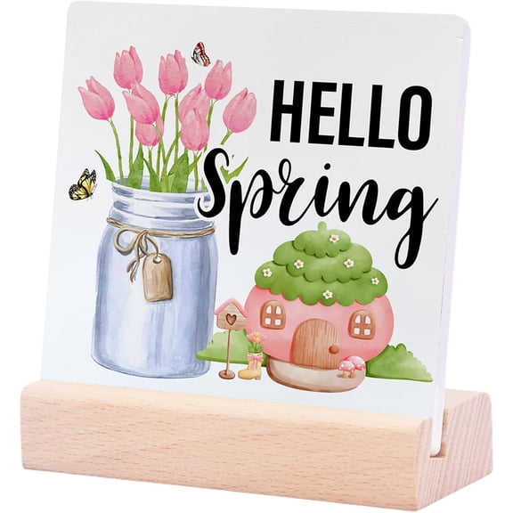 Ceramic Sign 4x4Inch Spring Decor Hello Spring Plaque Sign with Wood Stand Spring Tulip Decorations For Home Kitchen Shelf