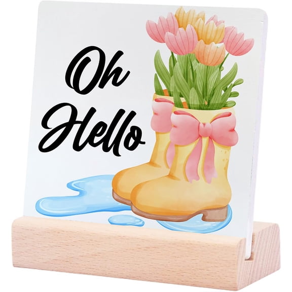 Ceramic Sign 4x4Inch Spring Decor Oh Hello Spring Plaque Sign with Wood Stand Tulip Rain Boots Spring Decorations For Home Kitchen Shelf
