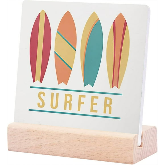 Ceramic Sign 4x4Inch Vintage 80s 90s Colorful Surfboard Surfer Summer Beach Plaque Desk Sign Decor Surfer Gifts Gifts For Sport Lovers Plaque Sign with Wood Stand For Beach House Desk Shelf Decor