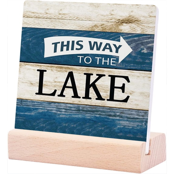 Ceramic Sign 4x4Inch This Way To The Lake Plaque Desk Sign Decor Lake Lovers Gifts Lake Life Gifts Rustic Lake Themed Plaque Sign with Wood Stand For Home Lake House Tabletop Desk Decorations