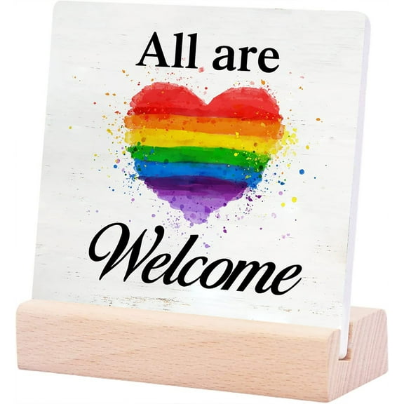 Ceramic Sign 4x4Inch All Are Welcome Ceramic Plaque Sign Desk Decor Diversity Plaque Sign with Wood Stand Pride Rainbow Home Office Classroom Decor Gift For Women Men