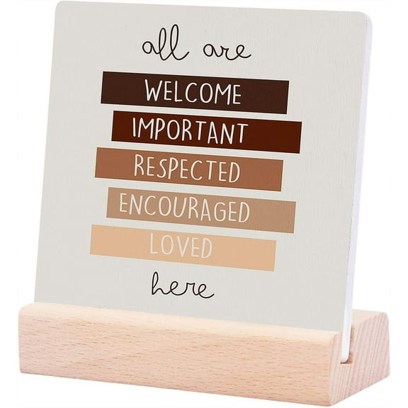 Ceramic Sign 4x4Inch All Are Welcome Here Diversity Inclusion And Equality Ceramic Sign Desk Decor Bach To School Ceramic Plaque Table Decor Desk Sign For Classroom School Shelf Table Decor