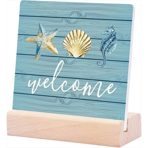Ceramic Sign 4x4Inch Welcome Rustic Summer Beach Ceramic Plaque Desk Sign Desk Decor Seashell Seahorse Starfish Teal Ceramic Plaque Sign with Wood Stand For Coastal Beach House Shelf Table Decor
