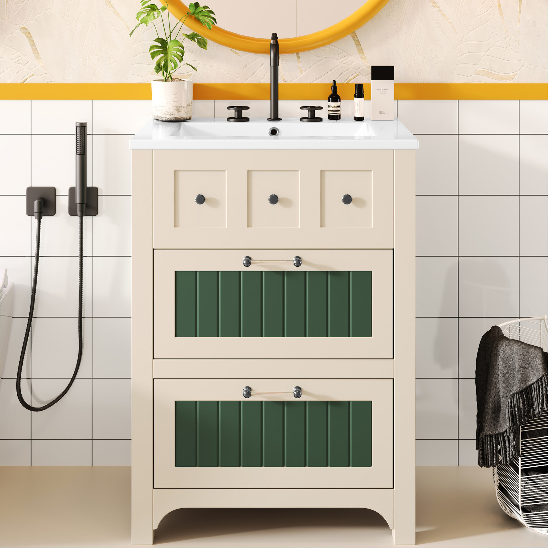 Ceramic Sink, 24-Inch Bathroom Vanity Cabinet with Partition Storage ...