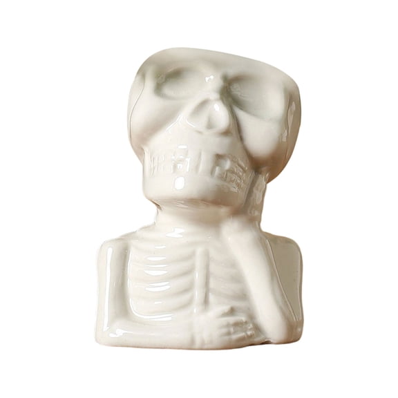 Ceramic Skull Bust Planter Set-4 Skeletal Planters with 4 Poses, Glazed Finish, Flat Base, Mini Planting Cavity, Halloween Tabletop Decor, Tabletop, Tiered Tray, Mantel Decor,White
