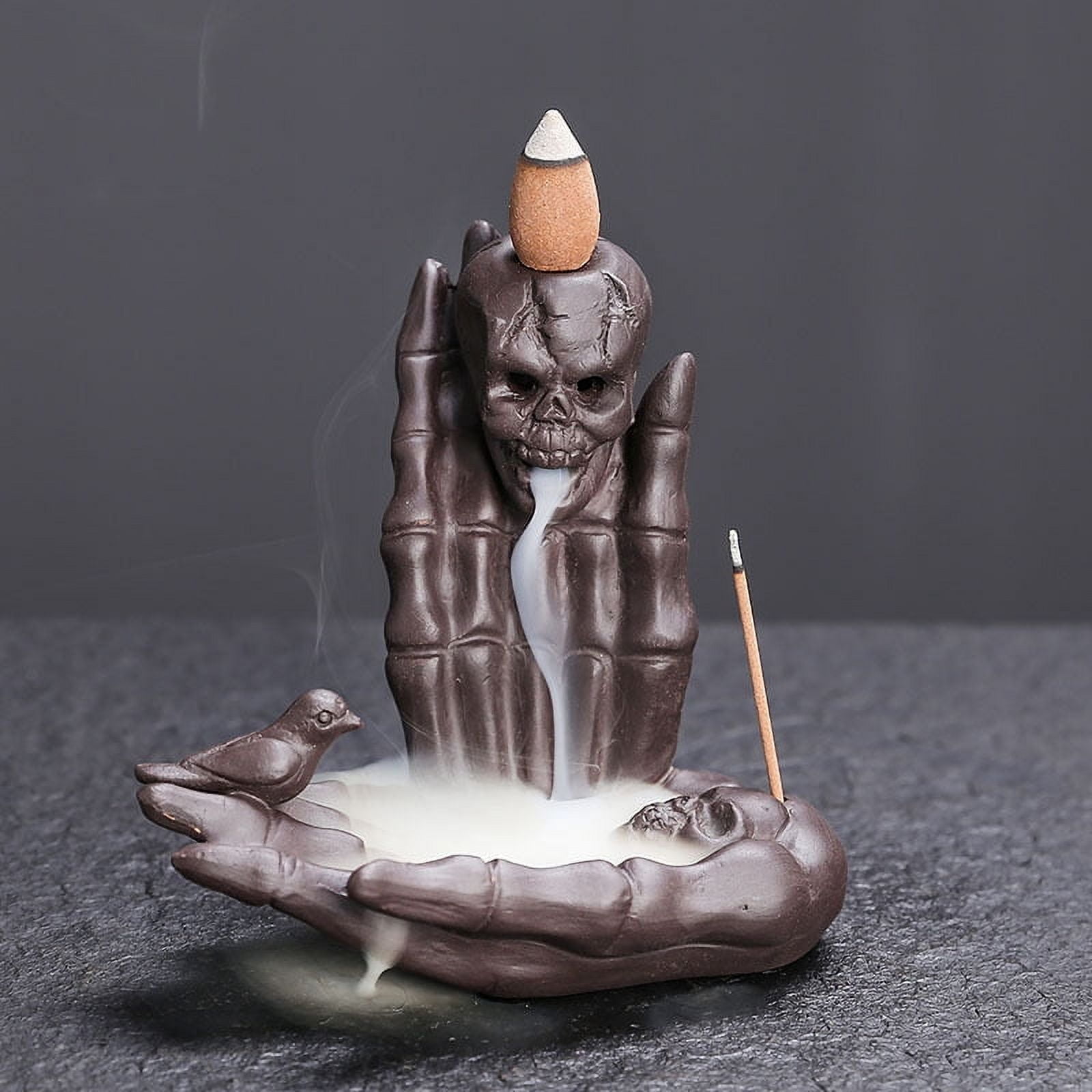 Ceramic Skull Head Incense Burner Ornament Ghost Hand Waterfall Backflow Incense Stick Holder Aromatherapy Halloween Decoration