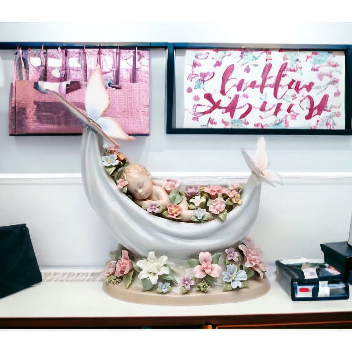 Ceramic Sleeping Baby Music Box 7.5in Flowers Butterflies Gift