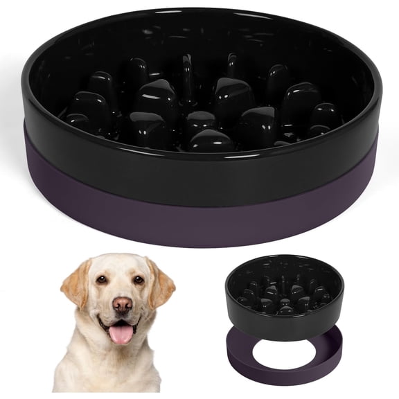 Ceramic Slow Feeder Bowl for Medium Large Breed Dogs - Puzzle Food Bowl With Silicone Base for Fast Eaters, Slows Down Eating - Maze Black