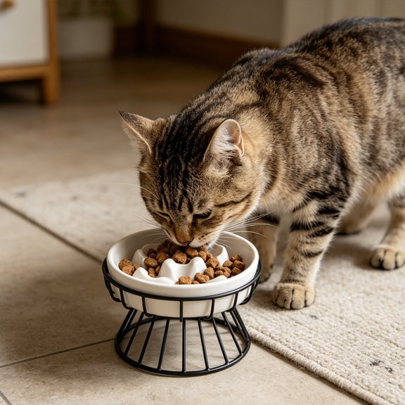 Ceramic Slow Feeder Cat And Dog Bowl With Metal Stand For Mealtime And Healthy Eating