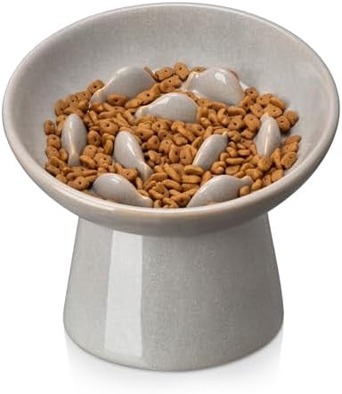 Ceramic Slow Feeder Cat Bowl, 6.25 Inch Elevated Cat Slow Feeder Bowl, Anti Vomiting for Dry and Wet Food, Grey