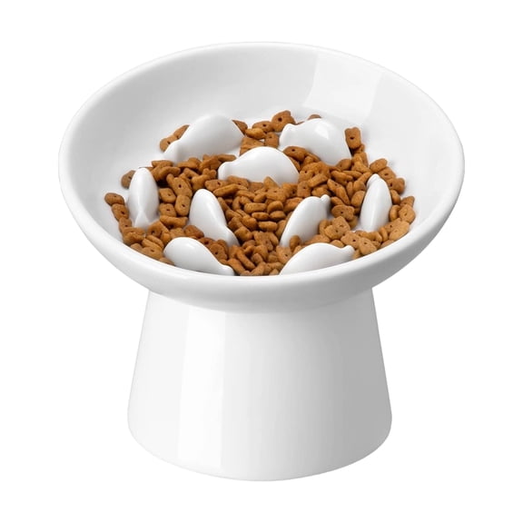Ceramic Slow Feeder Cat Bowl, 6.25 Inch Elevated Cat Slow Feeder Bowl, Anti Vomiting for Dry and Wet Food (White)