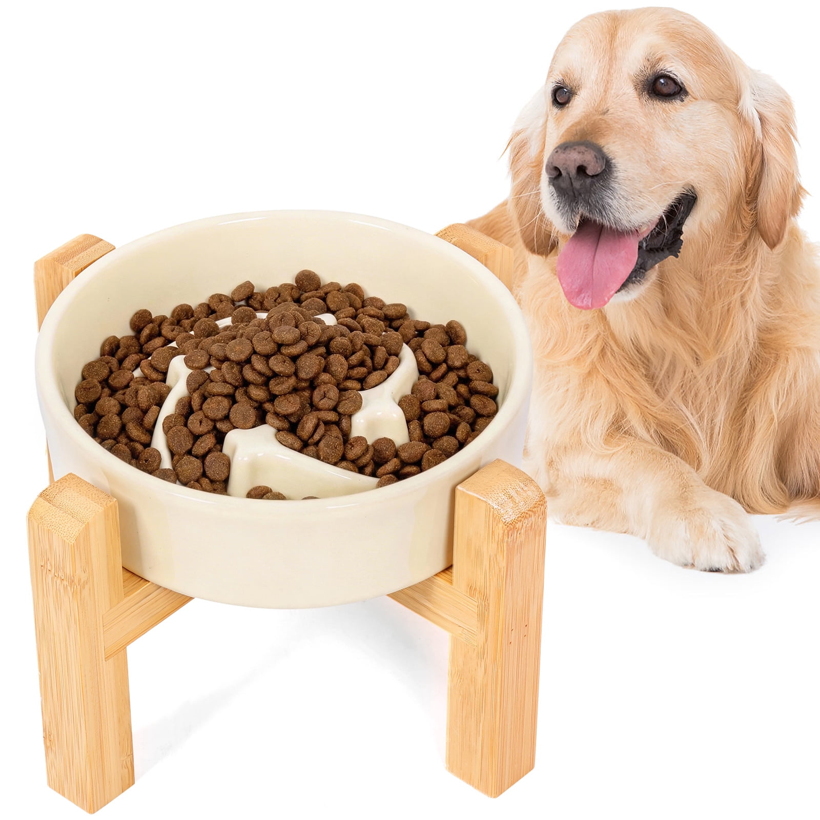 Ceramic Slow Feeder Dog Bowl Small Breed Slow Eating Dog Bowl with Bamboo Stand Puzzle Maze Design Pet Dish for Fast Eater 15cm Diameter