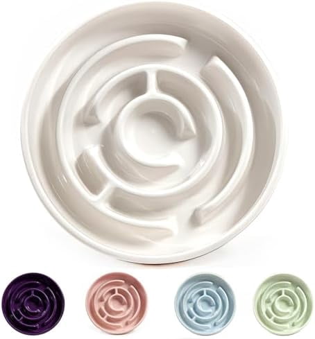 Ceramic Slow Feeder Dog Bowls with Anti-Slip, Slow Feeder & Non-Slip Design, Boredom and Anxiety Reducer, Suitable for All Breed Dogs and Cat (Ceramic-White)