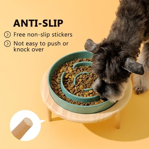 Ceramic Slow Feeder Dog Bowls, Elevated Dog Food Bowls with Wood Stand