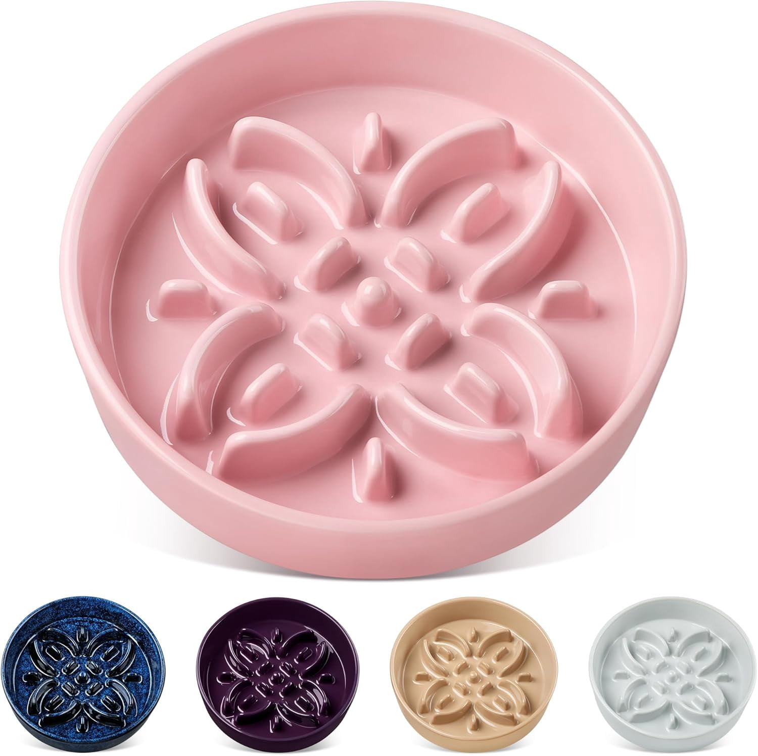 Ceramic Slow Feeder Dog Bowls, Puzzle Dog Food Bowls with Floral Maze, Anti -Slip Pet Food Dish for Medium Breed, 1.5 Cups, Pink