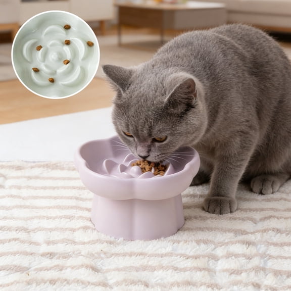 Ceramic Slow Feeder Pet Bowl Raised Stand Non-Slip Elevated Slanted Feeding Dish Neck Protection Anti-Vomiting Design for Cats Small Dogs