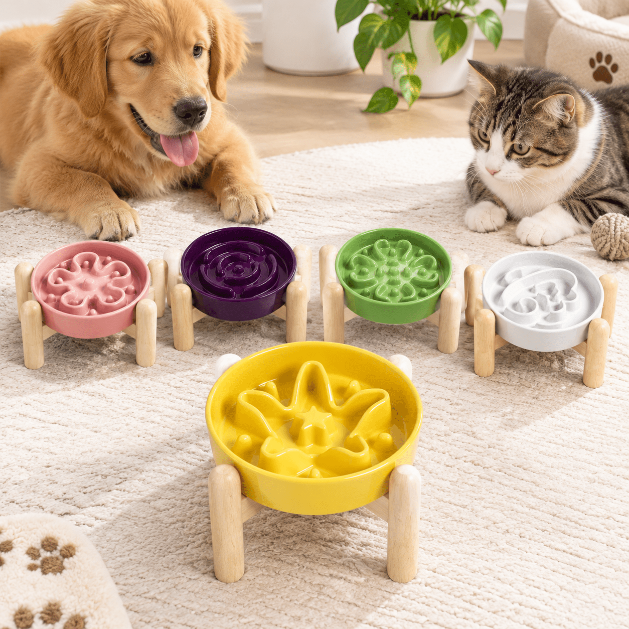 Ceramic Slow Feeder Puzzle Bowl Elevated 1.5 Cup With Wooden Stand For ...