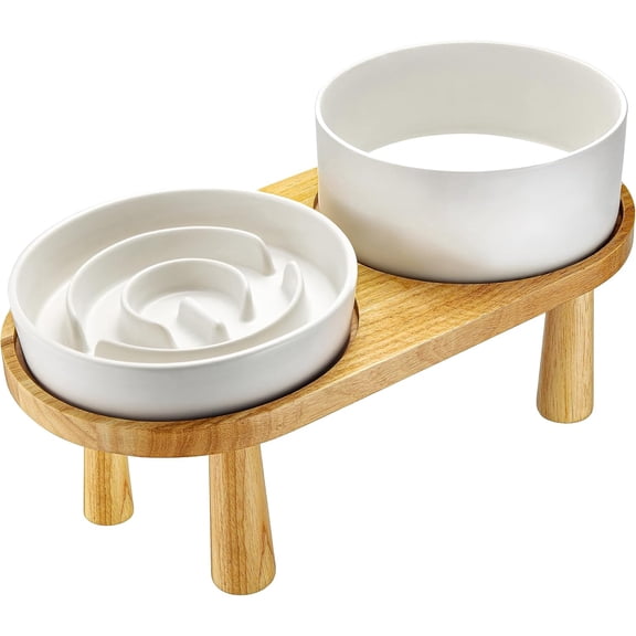 Ceramic Slow Feeder and Water Bowl Set for Medium and Large Dogs, 8.0 Inches Ceramic Dog Bowls Elevated with Wooden Stand, 2.0 Cups Dog Slow Feeder(30oz) and 70oz Water Bowl Set, White