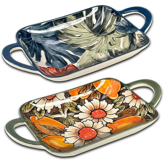Ceramic Small Baking Dishes Set of 2 Rectangular Casserole Dish with Handles 12 oz Mini Bakeware for Oven to Table Appetizers Dips Snacks Dessert Gratin Dishes Serving Plates Two Different Patterns