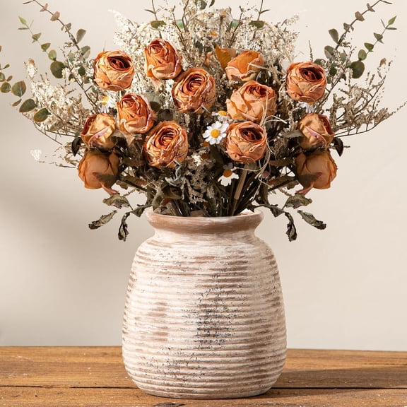 Ceramic Small Flower Vase, 6“ Rustic Farmhouse Vases Home Decor, Short Pottery Decorative Pampas Vase for Table Living Room Entryway Mantel Bookshelf Bedroom Bathroom Kitchen-Rustic