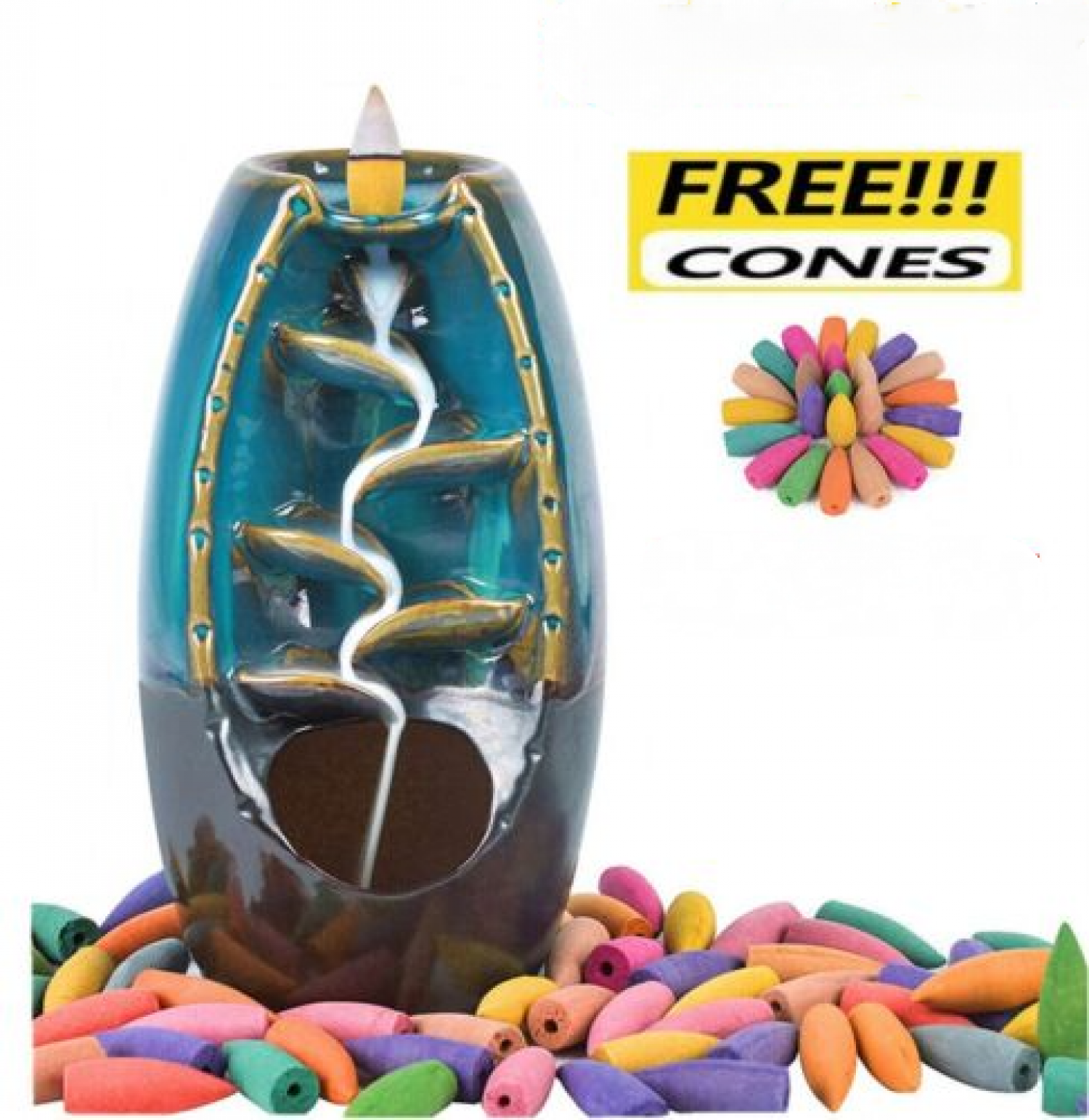 Ceramic Smoke Backflow Waterfall Incense Burner Censer Holder Decor Free 100Cone