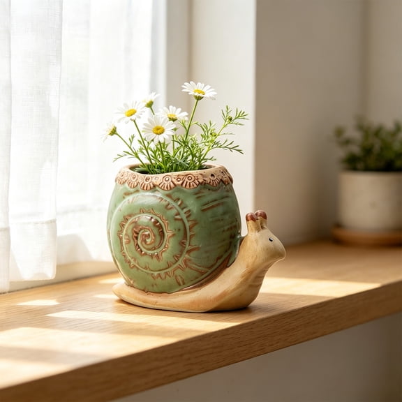 Ceramic Snail Planter Desktop Mini Flowerpot with Drainage Hole, Cute Pot for Small Plants, Pencil Holder, Home Office Decorative Ornament, Two Sizes Included
