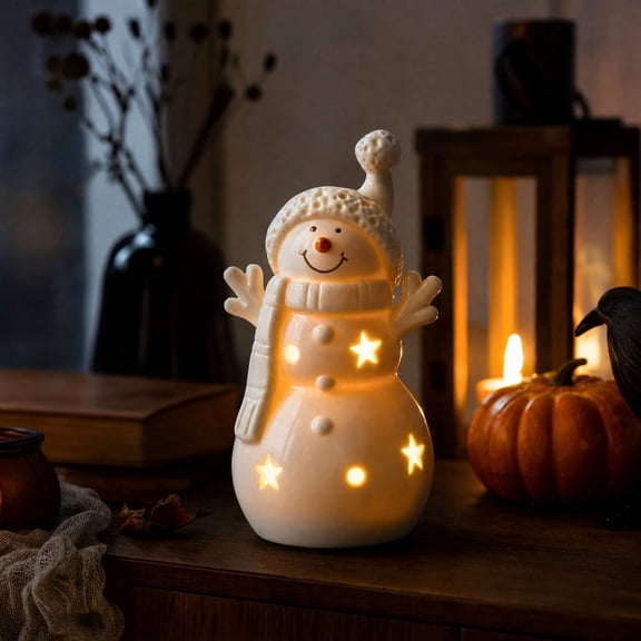 Ceramic Snowman Christmas Decor, LED Lighted Snowman Figurine, Winter Holiday Tabletop Ornament for Home and Shelf