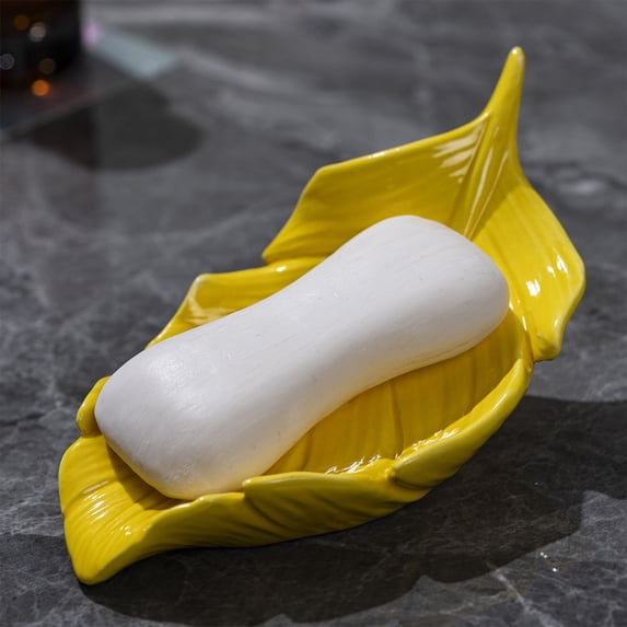 Ceramic Soap Dish, 5.71 in Leaf Shape Self Draining Bar Soap Holder for Bathroom Sink Shower Counter, Yellow