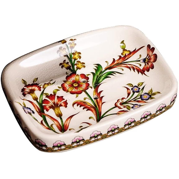 Ceramic Soap Dish - Creative Ice Crack Ceramic Red Flower Pattern Soap Dish Holder for Bathroom and Shower Soap Tray Box with Drain,Gift for Mum Family Christmas