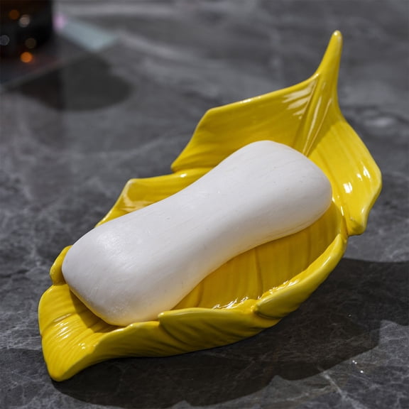 Ceramic Soap Dish Non Slip, QQZ Elegant Leaf Design Soap Holder for Bathroom, Waterproof Glossy Finish Decorative Storage Box for Jewelry Snacks, Yellow