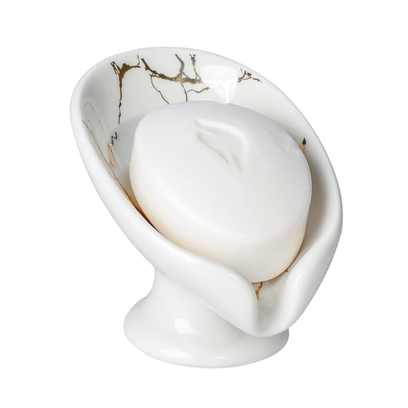 Ceramic Soap Dish with Drainage, Leaf Design Soap Holder for Bathroom Shower Sink, Bar Soap Stand, Hygienic and Decorative, Cream White Gold Marble