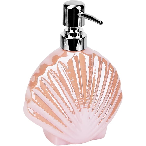 Ceramic Soap Dispenser, Pink Seashell Design, Refillable 14 Oz Lotion Pump Bottle for Coastal Bathroom and Kitchen Decor