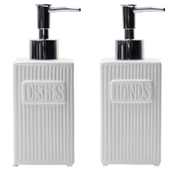 Ceramic Soap Dispenser Set, 2 Pack Hand and Dish Soap Dispenser with Funnel for Kitchen and Bathroom, White