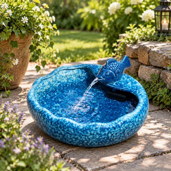 Ceramic Solar Outdoor Bird Bath Fountain with Koi Fish Design