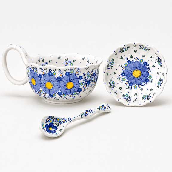Ceramic Soup Bowl Plate and Spoon Set Forget Me Not 3-Piece Dining Accessory