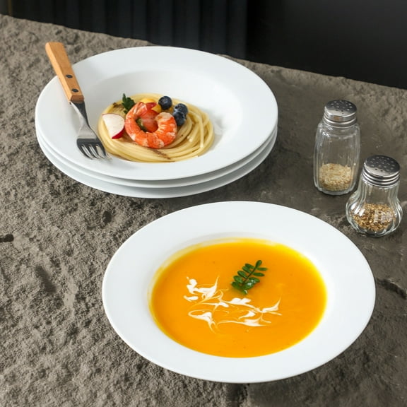 Ceramic Soup Bowls Shallow Plates, Halloween 4 Pack White Dinner Bowls Plates, Porcelain Wide Rim, 8.5 Inch (8.5 oz) Shallow Bowls Ideal for Soup Dessert Salad and Pasta, Microwave and Dishwasher Saf