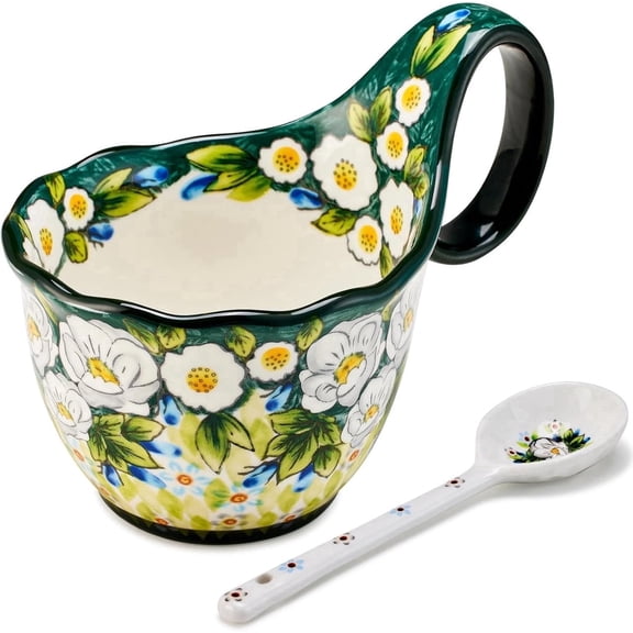 Ceramic Soup Mug with Spoon, 18 oz Floral Bowl with Handle, Microwave & Dishwasher Safe, Coffee Tea Cereal Dessert(Green Jasmine)