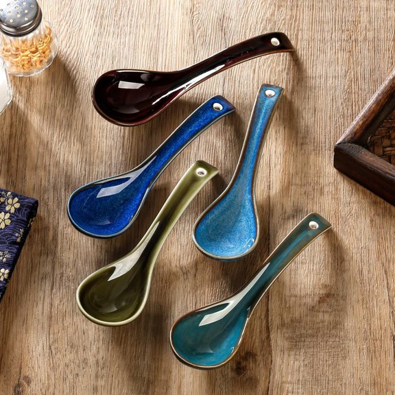 Ceramic Soup Spoons 5 Pack, Transparent Glazed Porcelain Spoons for Ramen, Bisque & Broth
