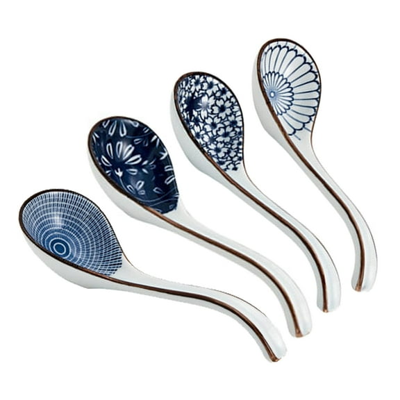 Ceramic Soup Spoons Sets of 4,Asian Soup Spoons,Long Ramen spoons,Japanese soup spoons for Pho,Wonton,Noodles,Chinese Ceramic Rice Spoons