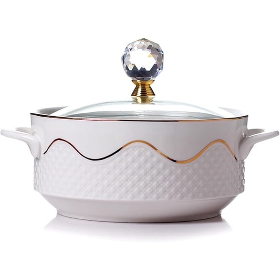 Ceramic Soup Tureen with Glass Lid Large Capacity Serving Tureen with Double Handles, White Porcelain Serving Tureen for Restaurant Home Kitchen Decoration Ceramic Covered Tureens