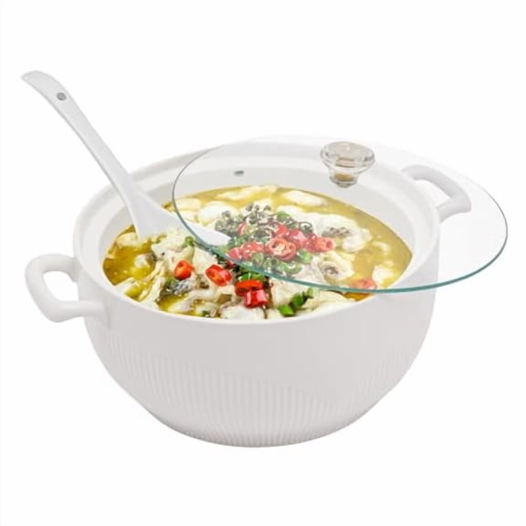 3000ML / 3.17Qt Large Ceramic Soup Tureen with Glass Lid, Soup Ladle, 8.54-inch Ceramic Soup Bowl, Microwave & Dishwasher Safe, White Ceramic Serving Soup Pot for Home Kitchen Dinner Party