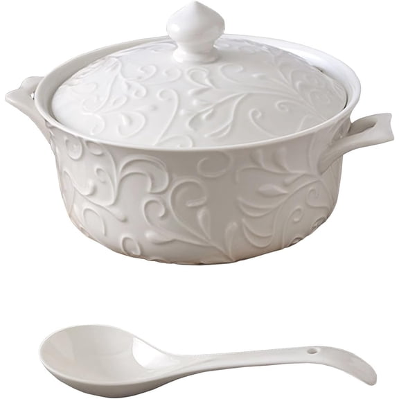 Ceramic Soup Tureen Set with Lid and Ladle – Oven Safe for Baking Casseroles, Soups, and Stews – 2.5-Liter Large Capacity Shell Design