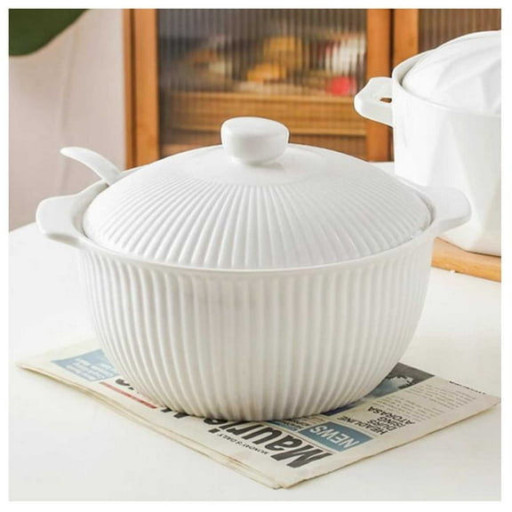 Ceramic Soup Tureen with Soup Ladle, Porcelain Serving Tureen Soup with Double Handles for Restaurant Home Kitchen Decoration Soup Pot