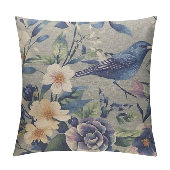 PRATYUS Floral Throw Pillow Cover Spring Plant Flowers Hydrangea Hibiscus Iris Bird Leaf Pillow Cases Home Decorative Cushion Cover for Bed Sofa Blue Green 18x18in