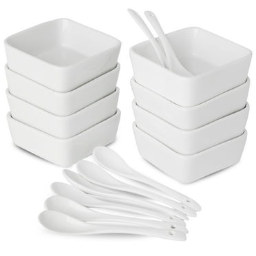 XINLTC 3.5 inch Ceramic Condiment Serving dishes, 3.5 oz Square Dipping Bowls with Spoons Set, Ramekins Soy Sauce Dish for Side Dishes, Appetizer, Oven and Dishwasher Safe