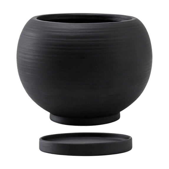 Ceramic Spherical Vase with Tray, Scandinavian Matte Desk Flower Pot for Living Room Dining Table, Handcrafted Textured Indoor Plant Container for Daisies Carnations