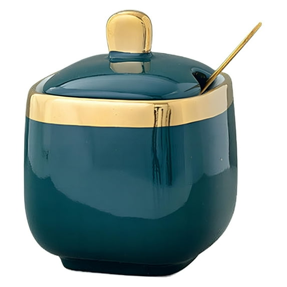 Ceramic Spice Box Green, Ceramic Sugar Bowl Container with Lid and Spoon Seasoning Box Ceramic Condiment Pot Condiment Jar for Coun, Ceramic Spice Box (With Spoon)