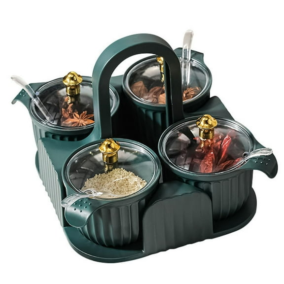 Ceramic Spice Jar Set with Lids and Spoons, 4-Piece Condiment Container Set with Tray and Handle for Kitchen Countertop Storage, Elegant White Design for Sugar, Salt, Pepper, and Seasonings