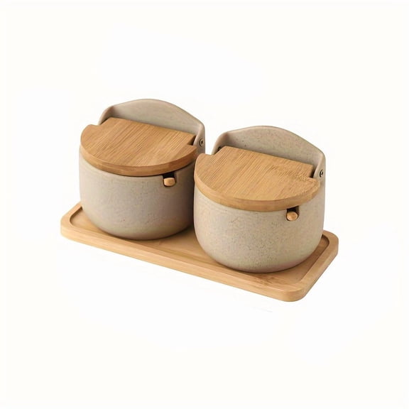 Ceramic Spice Jars Set with Tray for MSG, Salt, Pepper, Includes Shakers, Storage Boxes & Spoons